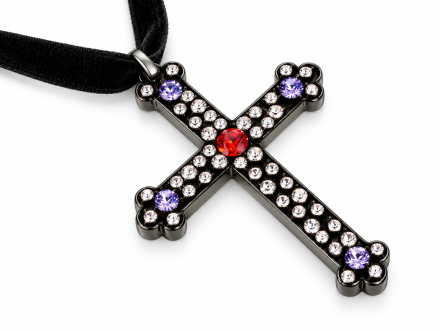 BAROCCO – Kreuzanhänger aus schwarzem Acrylkristall mit Swarovski® Kristallen und Schweizer Samtband
