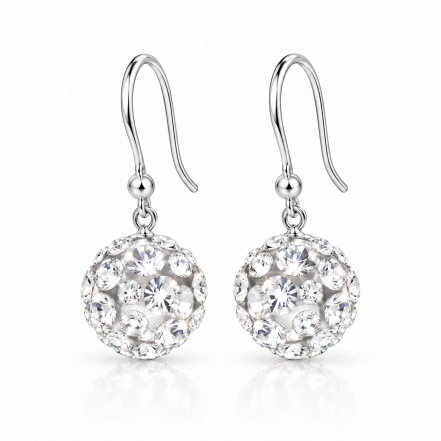 Transparente Kristallkugel-Ohrhänger von CRISTALUNA Jewelry mit Swarovski Kristallen in zwei Größen und Ohrhaken aus 925er Sterlingsilber auf weißem Hintergrund.