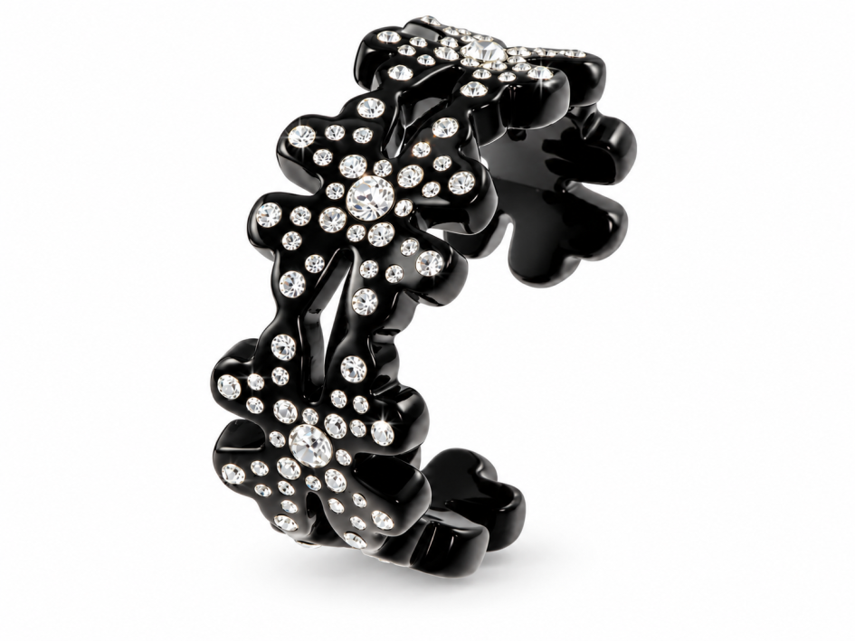 Schwarzer Acryl-Blumenarmreif mit funkelnden Swarovski-Kristallen