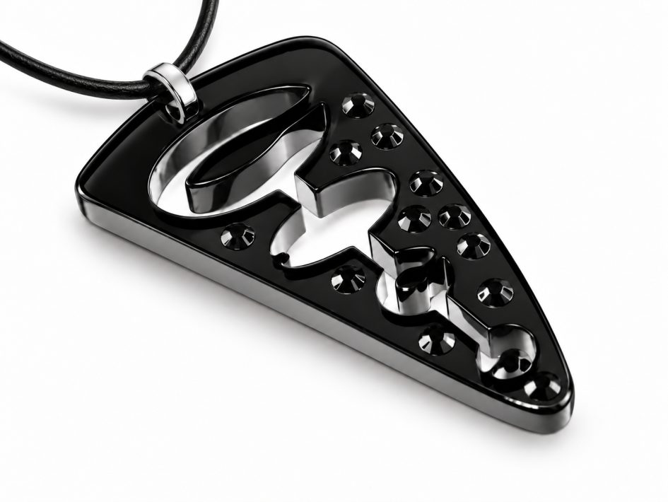 SYMBOLO black acrylic crystal pendant with Swarovski® Jet crystals and black leather cord – Belledizia