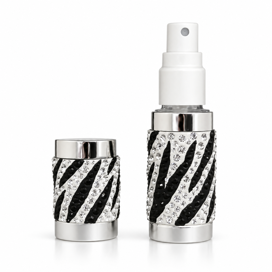 CRISTALUNA® Zebra Luxus Parfümzerstäuber mit Swarovski® Kristallen – # Crystal & Jet