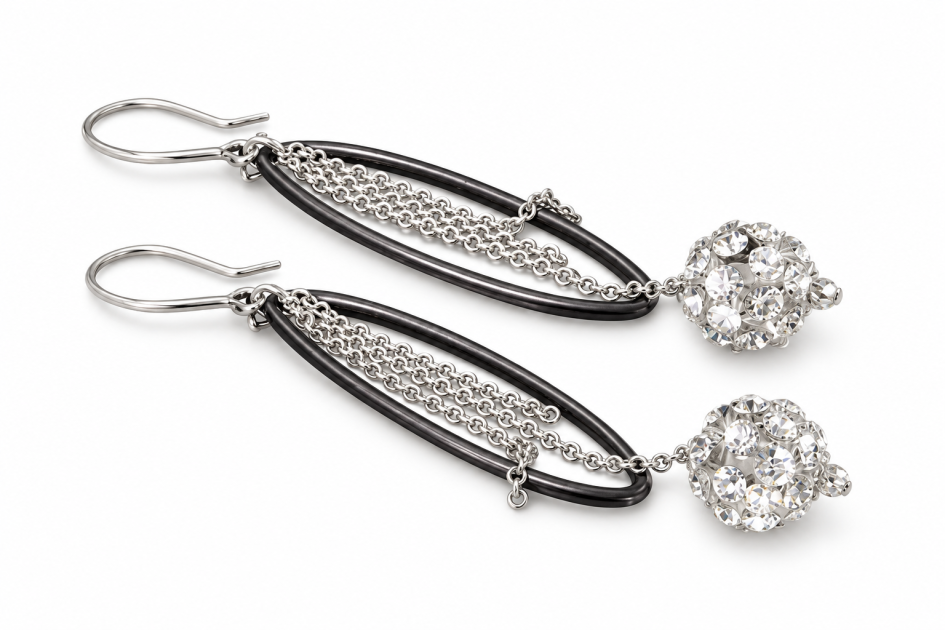CRISTALUNA® Damen-Ohrhänger mit schwarzen Gunmetal-Elementen, filigranen italienischen Rolo-Ketten aus rhodiniertem 925 Sterling Silber und transparenten Acrylkugeln, handveredelt mit jeweils ca. 60 Swarovski Kristallen in Crystal.